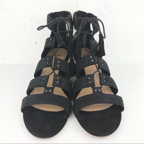 UGG Womens Yasmin Snake Embossed Leather Wedge Sandals Strappy Black Tassels 7.5 - Picture 3 of 10